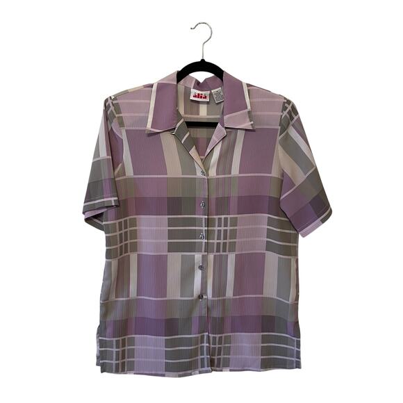 80s Vintage Aria 10 short sleeve button down blouse pink pastel geometric AOP - Picture 1 of 7